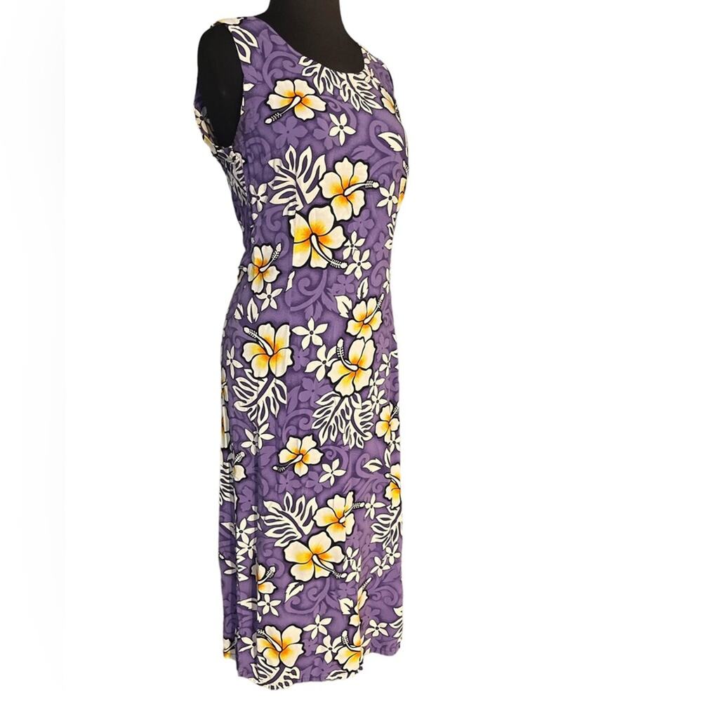 Vtg 90s Tiki Palm Rayon Purple Hawaiian Floral Tropical Column Midi Dress Size S